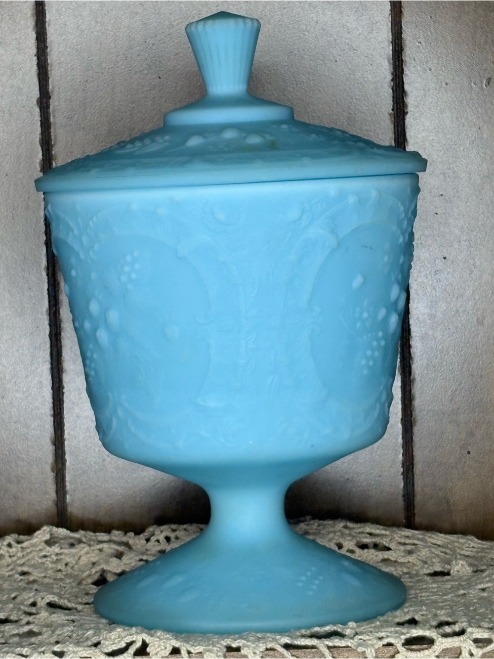 Blue Satin Glass Covered Compote Fenton